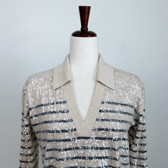 J. Crew Collection Sequin Stripe V-Neck Collared Polo Sweater - Picture 4 of 8